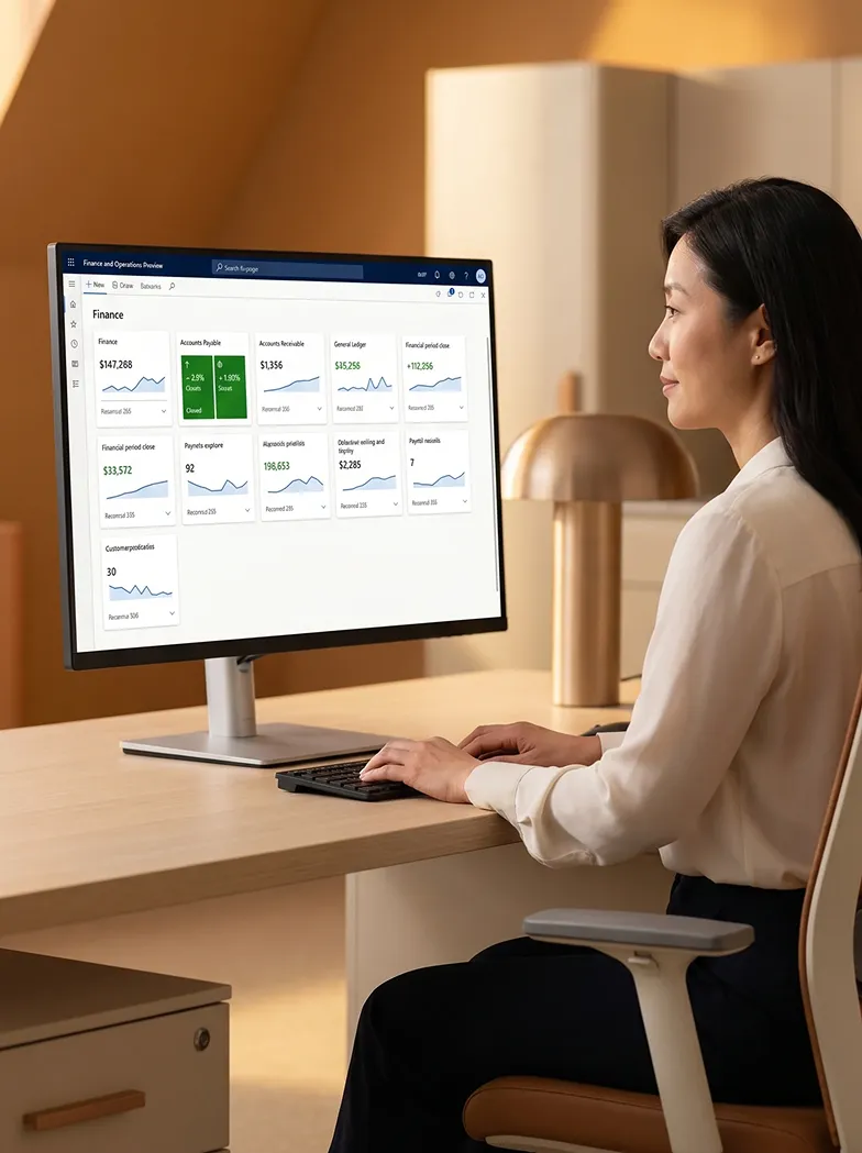 Finance director reviewing Dynamics 365 Finance real-time period-close dashboard on desktop monitor, visible relief from month-end close reduced from 14 days to 5 days Finance director reviewing Dynamics 365 Finance real-time period-close dashboard on desktop monitor, visible relief from month-end close reduced from 14 days to 5 days
