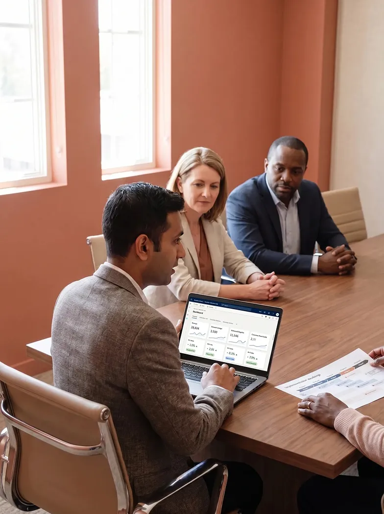 Global finance operations team reviewing unified Dynamics 365 Finance reporting dashboard showing 19 legal entity consolidation on screen, collaborative discussion around real-time data Global finance operations team reviewing unified Dynamics 365 Finance reporting dashboard showing 19 legal entity consolidation on screen, collaborative discussion around real-time data