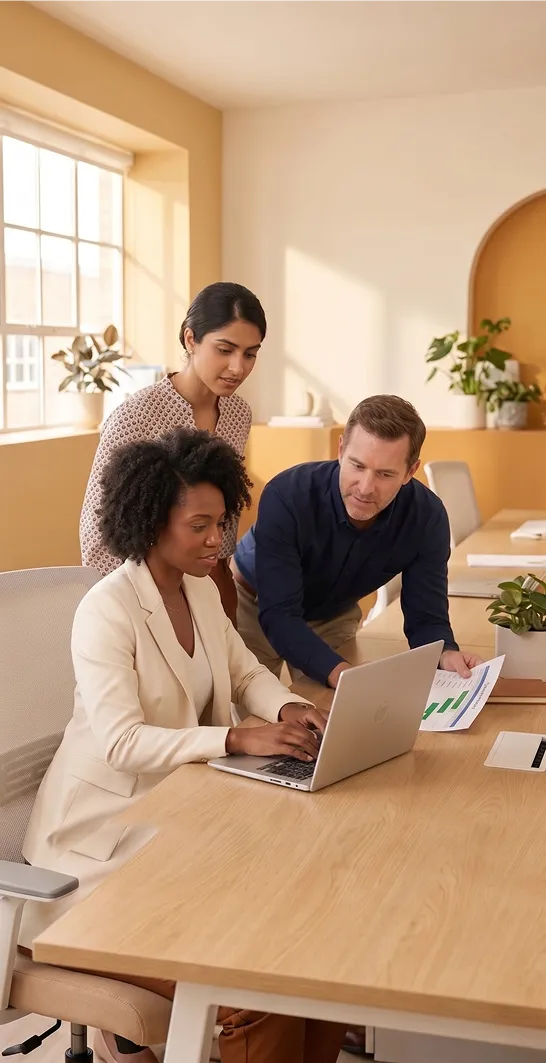 Project team reviewing delivery plan together in a bright modern office, with multiple people gathered around a laptop screen, focused and engaged Project team reviewing delivery plan together in a bright modern office, with multiple people gathered around a laptop screen, focused and engaged