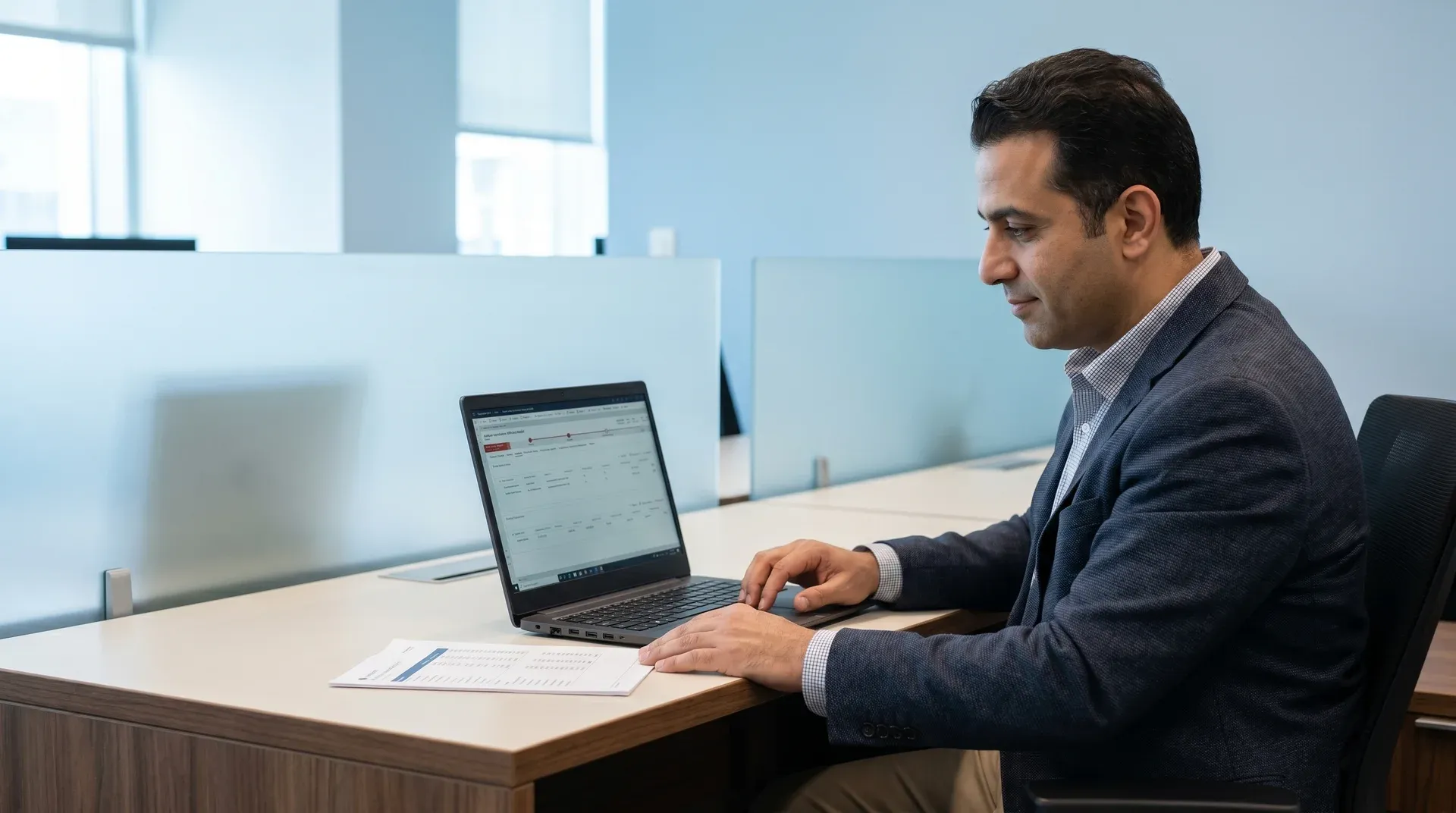 Professional reviewing live project margin and billing at a desk, conveying clear visibility into project profitability with Dynamics 365 Project Operations Professional reviewing live project margin and billing at a desk, conveying clear visibility into project profitability with Dynamics 365 Project Operations