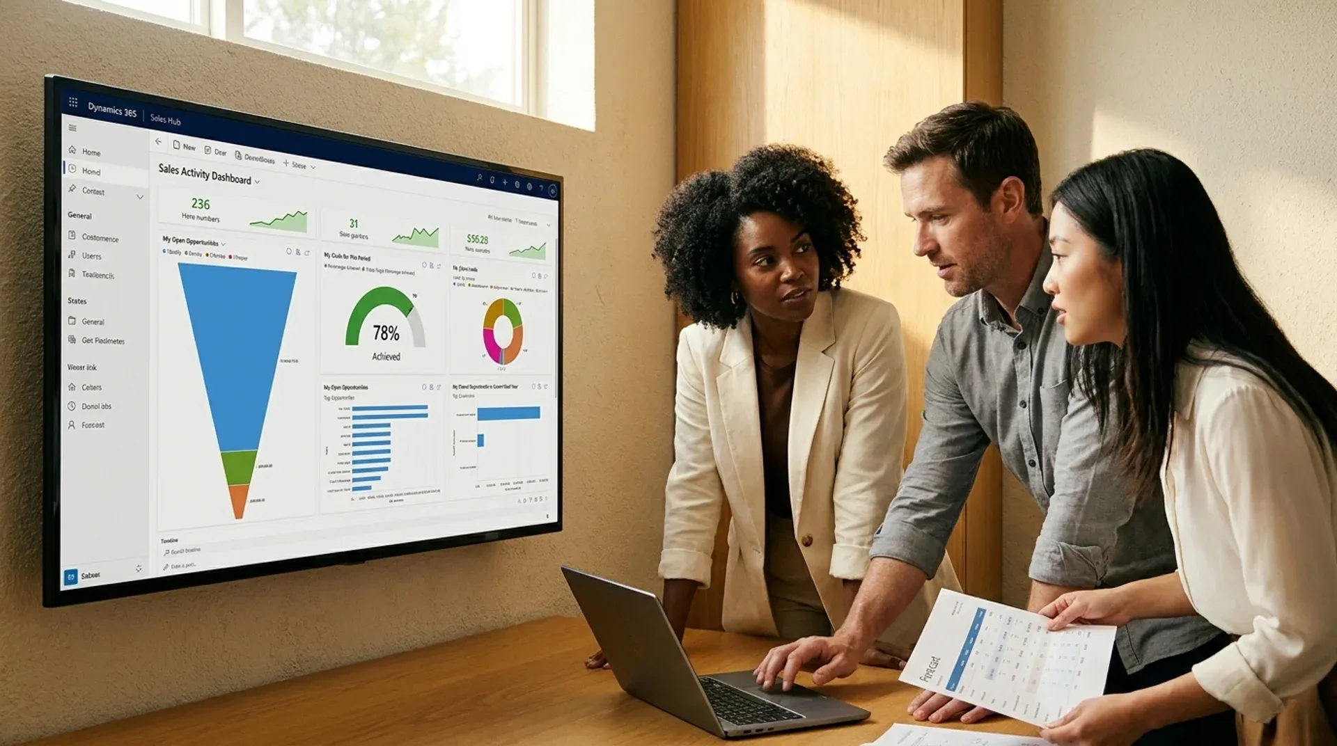 Sales team reviewing Dynamics 365 Sales pipeline dashboard on a large screen in a bright modern office, discussing deal forecasts and account activity data Sales team reviewing Dynamics 365 Sales pipeline dashboard on a large screen in a bright modern office, discussing deal forecasts and account activity data