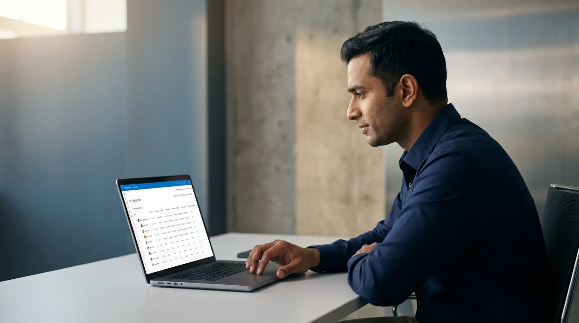 Sales manager reviewing real-time Dynamics 365 Sales pipeline forecasts on a laptop in a bright office Sales manager reviewing real-time Dynamics 365 Sales pipeline forecasts on a laptop in a bright office