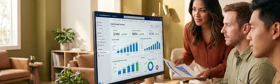 Promotional products distribution team reviewing real-time Dynamics 365 Sales dashboards and Power BI analytics across all 30 store locations Promotional products distribution team reviewing real-time Dynamics 365 Sales dashboards and Power BI analytics across all 30 store locations