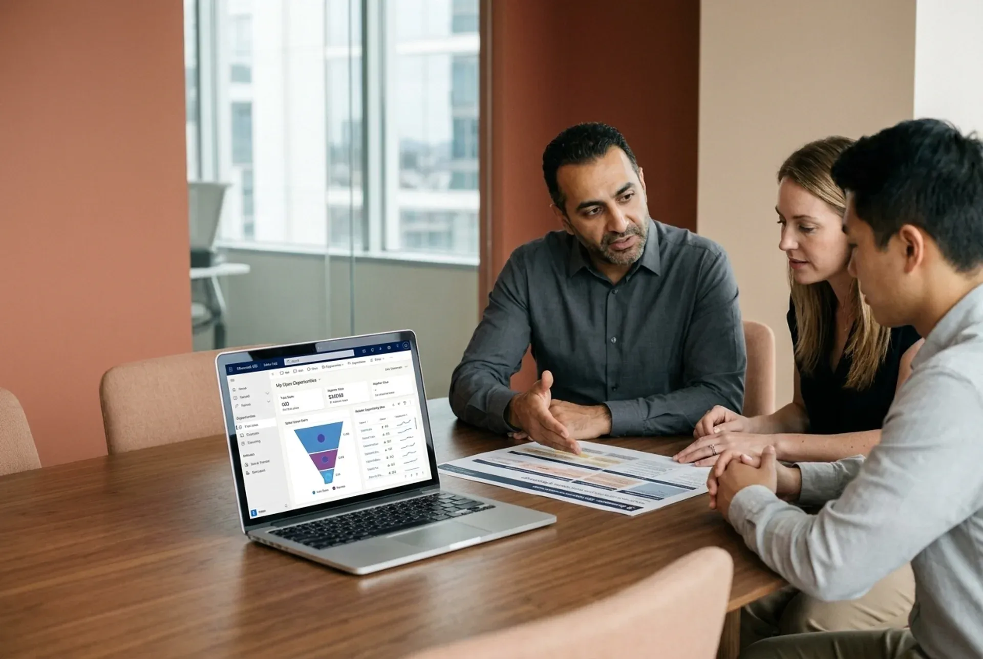 Named Redefine consultant presenting a Dynamics 365 Sales implementation roadmap and fixed-price scope document to a sales director and operations team in a professional meeting Named Redefine consultant presenting a Dynamics 365 Sales implementation roadmap and fixed-price scope document to a sales director and operations team in a professional meeting