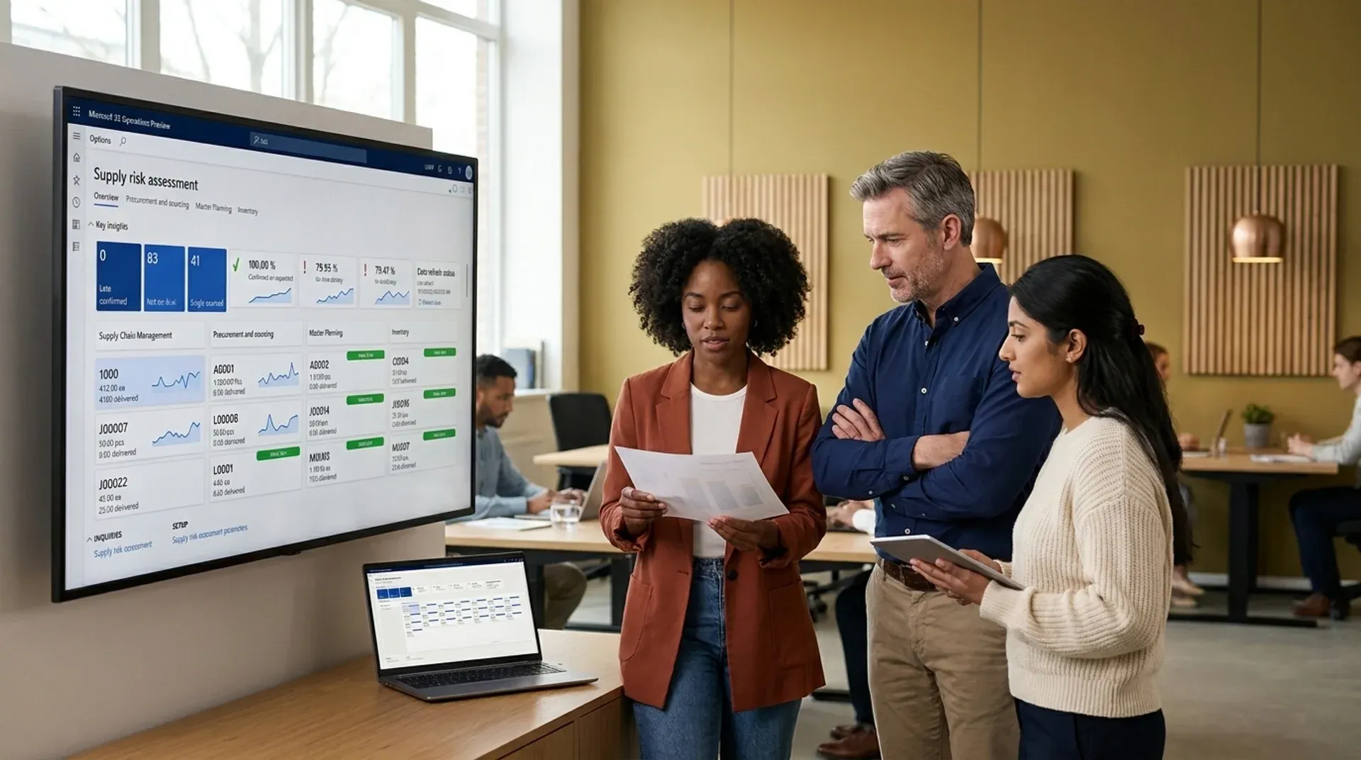 Operations team reviewing Dynamics 365 Supply Chain Management live inventory and demand planning data on a warehouse display screen Operations team reviewing Dynamics 365 Supply Chain Management live inventory and demand planning data on a warehouse display screen