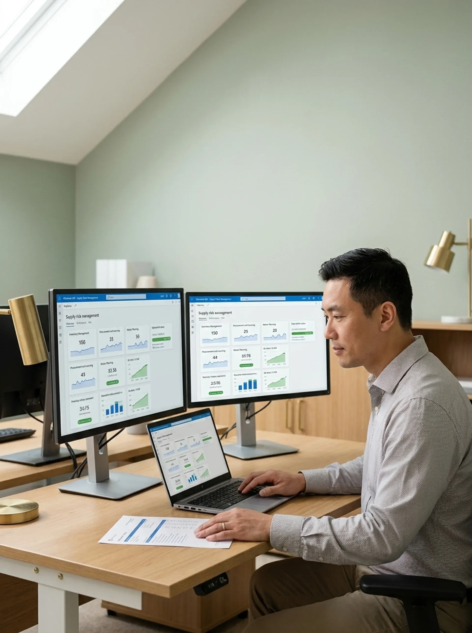 Operations manager reviewing live Dynamics 365 Supply Chain Management inventory and demand planning data on a unified, healthy dashboard Operations manager reviewing live Dynamics 365 Supply Chain Management inventory and demand planning data on a unified, healthy dashboard
