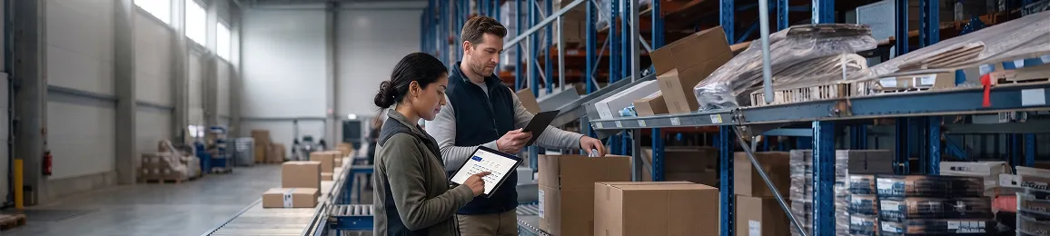 E-commerce distribution team at fulfillment center with Dynamics resource planning on floor tablets showing real-time order and inventory data E-commerce distribution team at fulfillment center with Dynamics resource planning on floor tablets showing real-time order and inventory data