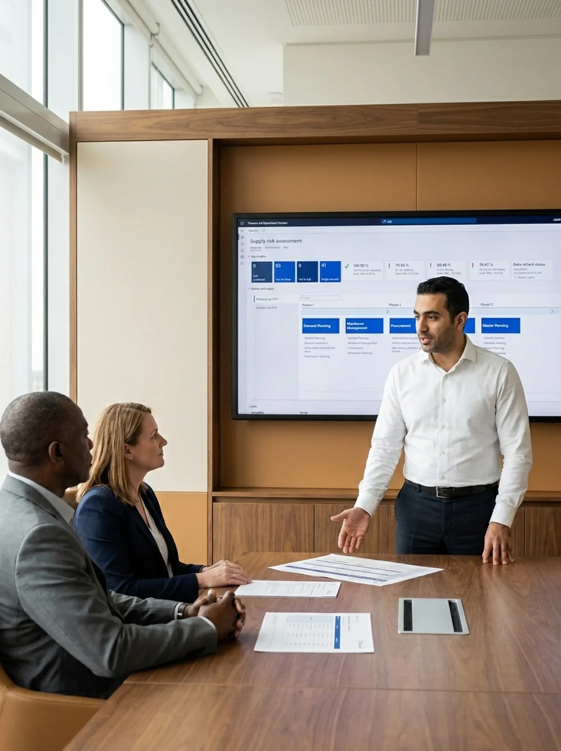 Named Redefine consultant presenting Dynamics 365 Supply Chain implementation roadmap with fixed-price statement of work to manufacturing operations director and information technology sponsor in boardroom Named Redefine consultant presenting Dynamics 365 Supply Chain implementation roadmap with fixed-price statement of work to manufacturing operations director and information technology sponsor in boardroom