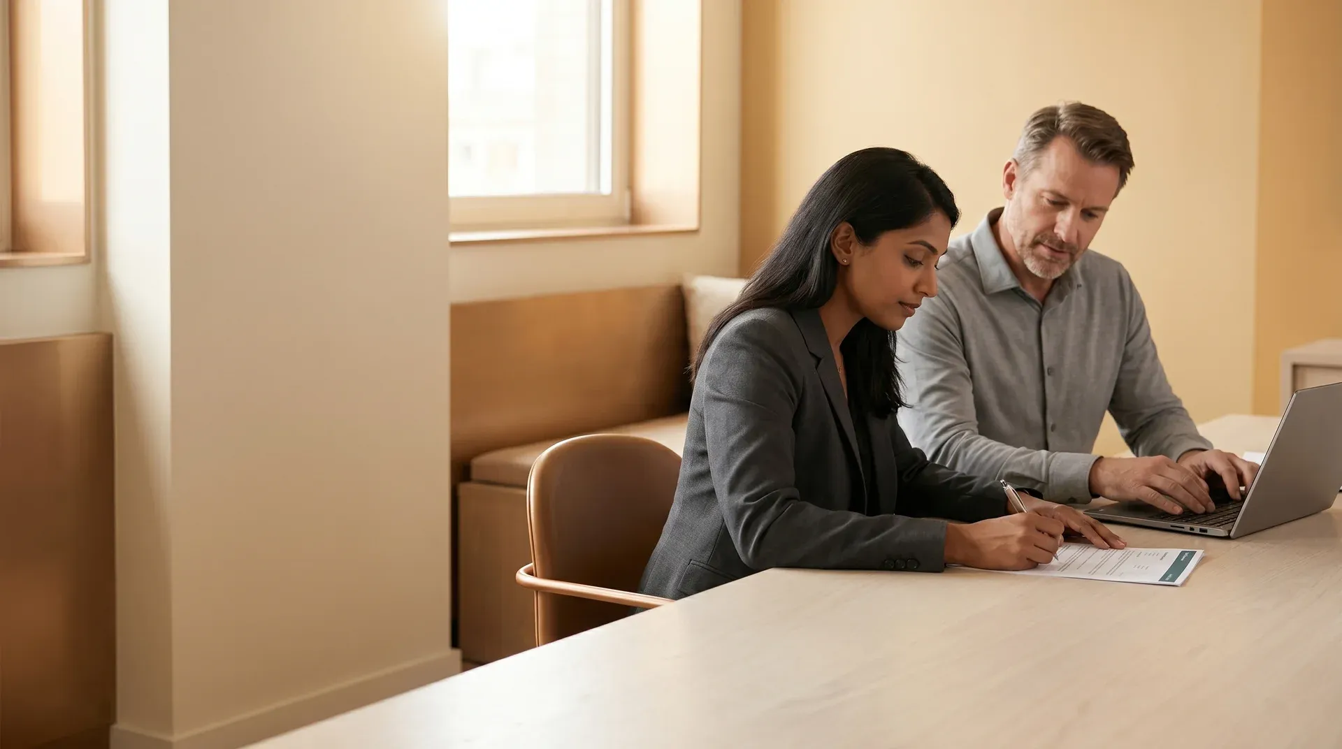 Dynamics 365 consulting team reviewing fixed-scope packaged offer documents at client site in natural window light Dynamics 365 consulting team reviewing fixed-scope packaged offer documents at client site in natural window light