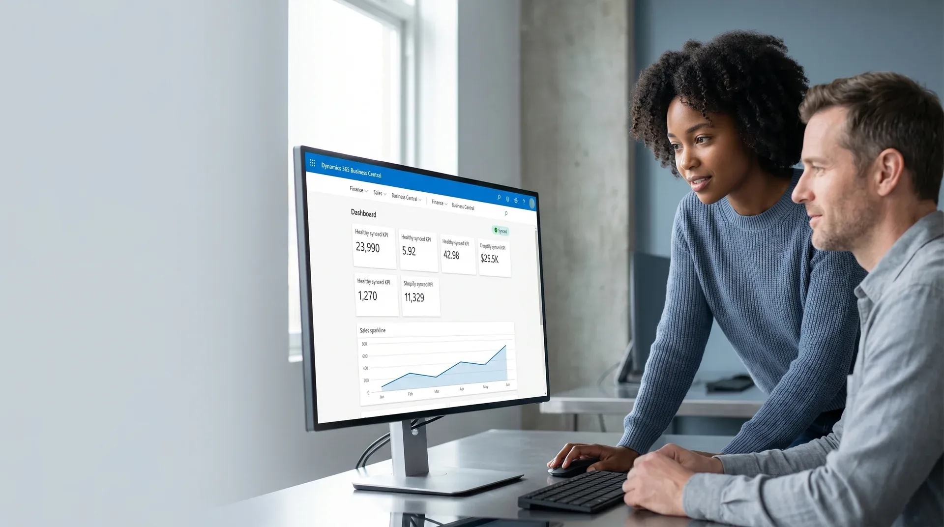 Business-to-business operations team reviewing results of unified Business Central and Shopify integration on dashboard screens in natural light Business-to-business operations team reviewing results of unified Business Central and Shopify integration on dashboard screens in natural light