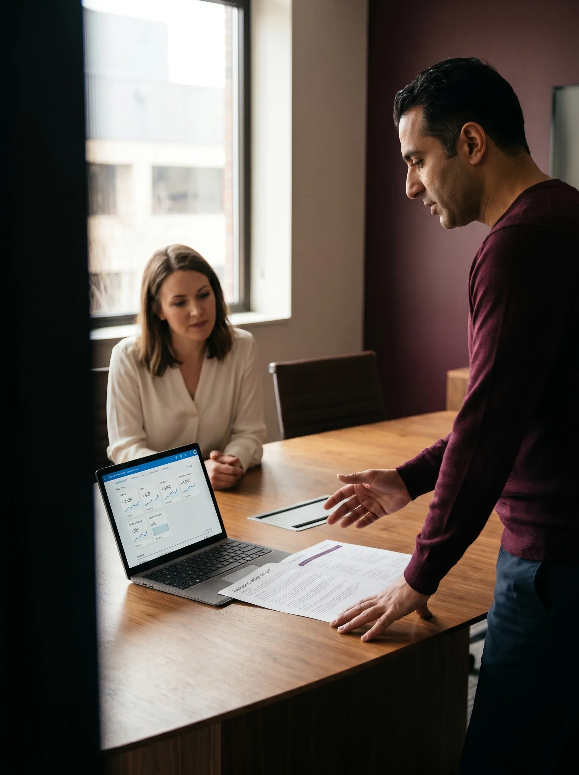 Redefine consultant presenting discovery sprint packaged offer deliverables to client team at conference table in natural light Redefine consultant presenting discovery sprint packaged offer deliverables to client team at conference table in natural light