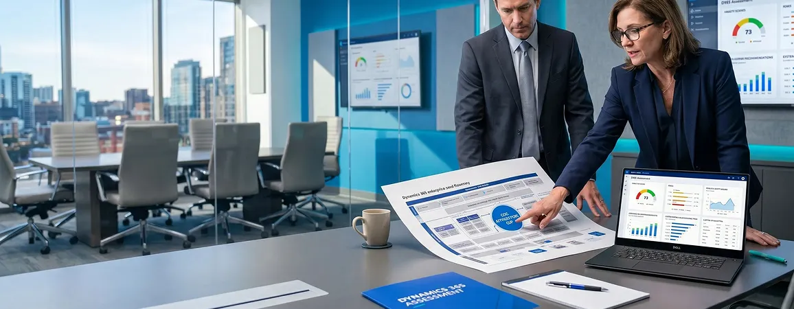 Dynamics 365 assessment consultant reviewing system architecture findings with client finance team Dynamics 365 assessment consultant reviewing system architecture findings with client finance team