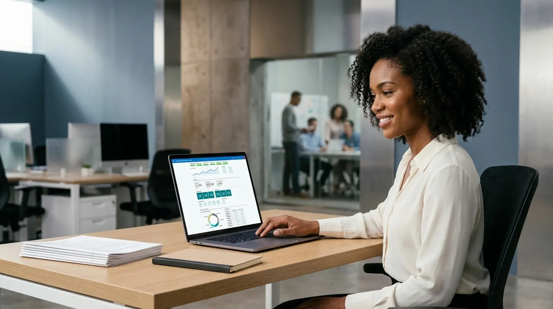 Operations manager at a tidy desk reviewing a healthy Business Central dashboard with upward-trending metrics after the Discovery Sprint Operations manager at a tidy desk reviewing a healthy Business Central dashboard with upward-trending metrics after the Discovery Sprint
