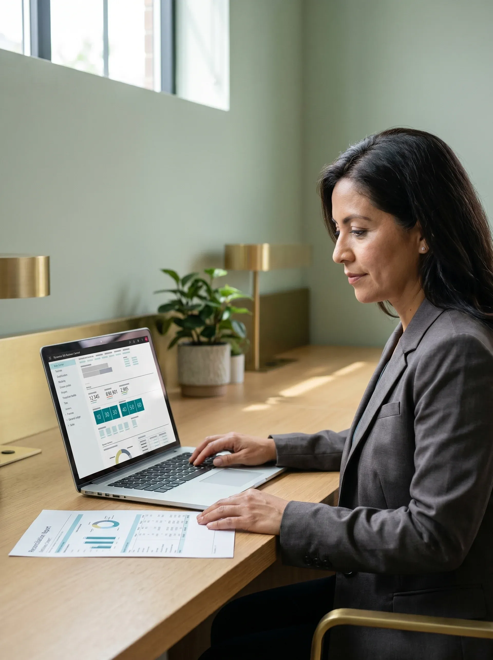 Vice President of Finance at her desk reviewing Business Central month-end close numbers after a successful Dynamics GP migration