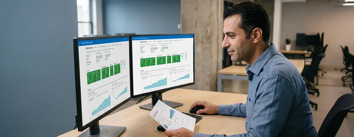 CFO comparing Dynamics 365 cost estimates across multiple screens in a modern office CFO comparing Dynamics 365 cost estimates across multiple screens in a modern office