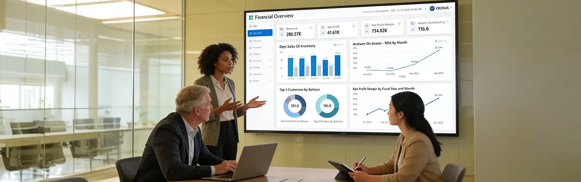 Finance leadership team reviewing calculator output on a meeting room screen Finance leadership team reviewing calculator output on a meeting room screen