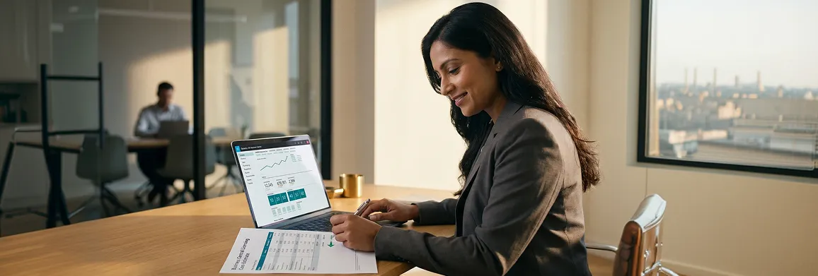 Finance director reviewing Business Central licensing cost estimate document at desk with natural window light Finance director reviewing Business Central licensing cost estimate document at desk with natural window light