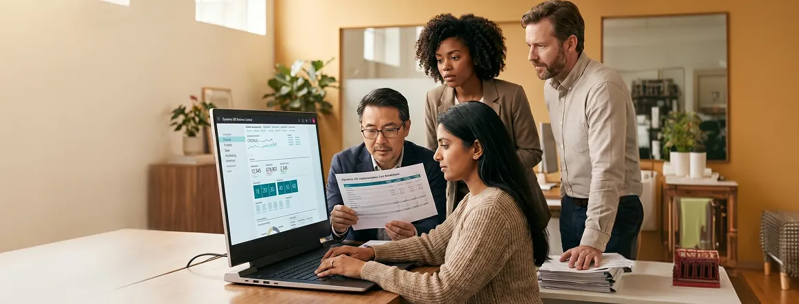 Finance team reviewing Dynamics 365 implementation cost data during a strategic planning session Finance team reviewing Dynamics 365 implementation cost data during a strategic planning session