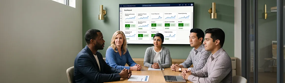 Diverse business team in a modern office reviewing Dynamics 365 implementation outcomes Diverse business team in a modern office reviewing Dynamics 365 implementation outcomes