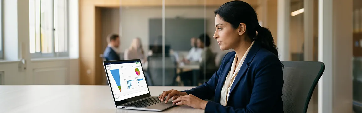 Sales operations professional reviewing Dynamics 365 CRM data quality metrics on laptop Sales operations professional reviewing Dynamics 365 CRM data quality metrics on laptop