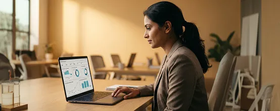 Finance analyst reviewing live Power BI dashboards connected to Dynamics 365 data on a laptop screen Finance analyst reviewing live Power BI dashboards connected to Dynamics 365 data on a laptop screen
