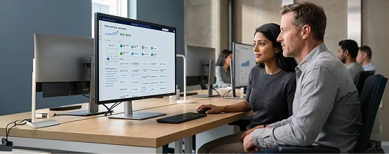 IT consultant and operations manager reviewing Dynamics 365 system performance data together at a workstation