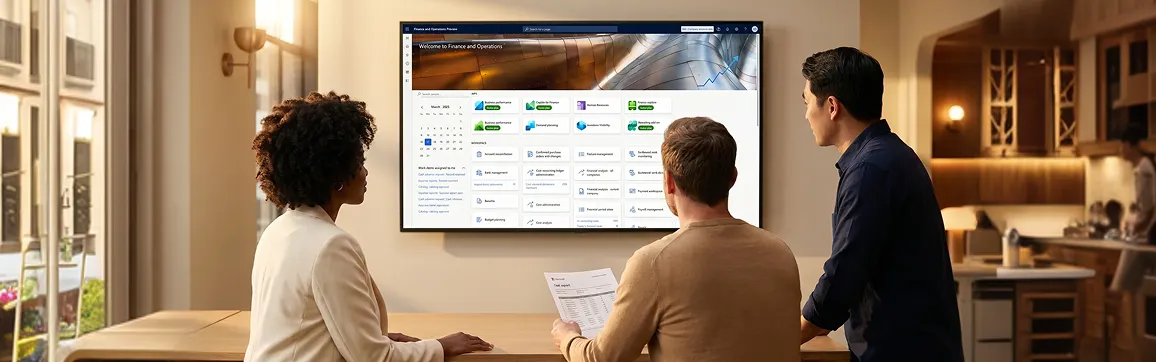 Operations and finance team mid-sprint reviewing a Dynamics 365 acceptance test on a large monitor Operations and finance team mid-sprint reviewing a Dynamics 365 acceptance test on a large monitor