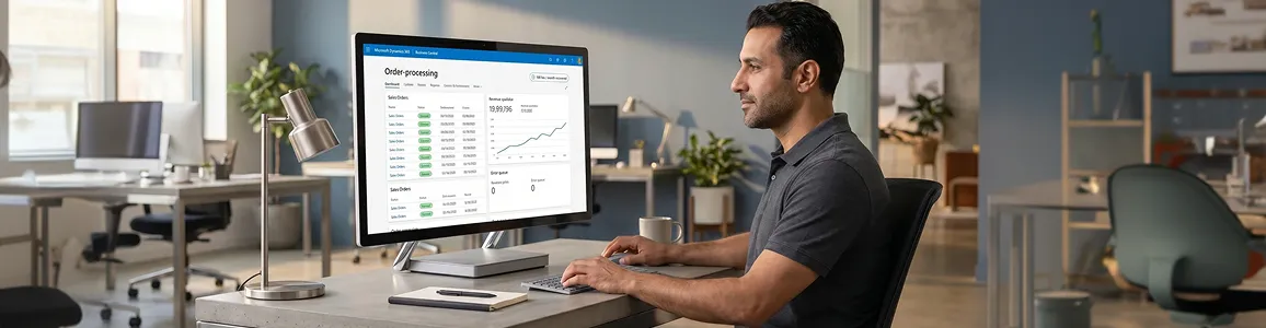 Automated Business Central order-processing dashboard showing healthy live sync after integration