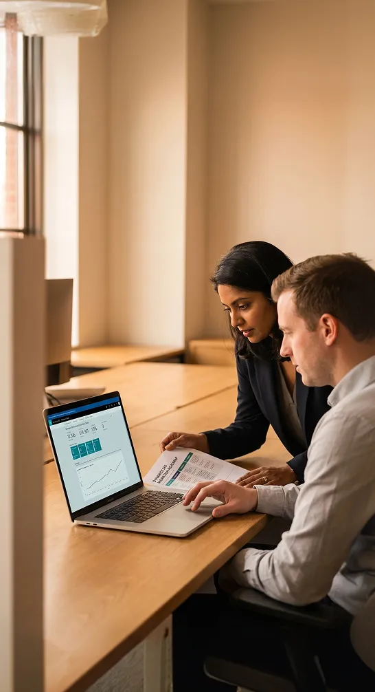 Information technology director and consultant reviewing Dynamics 365 migration roadmap at workstation Information technology director and consultant reviewing Dynamics 365 migration roadmap at workstation