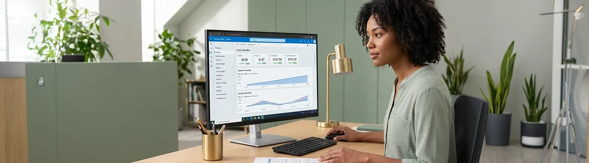 Finance analyst reviewing a unified real-time Dynamics 365 finance dashboard after migration, healthy upward data visible Finance analyst reviewing a unified real-time Dynamics 365 finance dashboard after migration, healthy upward data visible