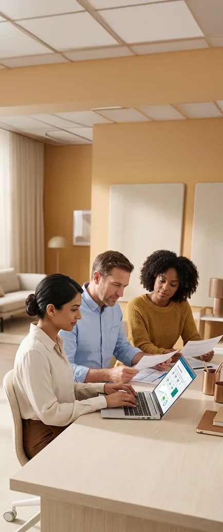 Finance team collaborating on a Dynamics GP to Business Central migration plan with laptops and financial reports in a modern office. Finance team collaborating on a Dynamics GP to Business Central migration plan with laptops and financial reports in a modern office.