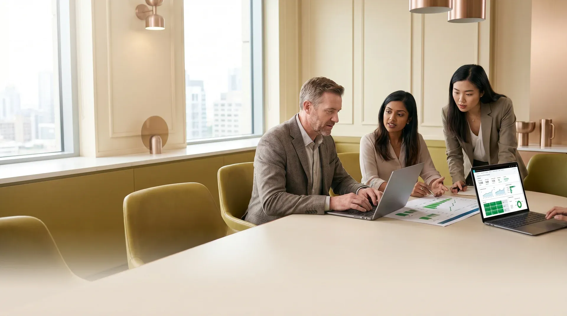 Consulting team in a bright meeting room reviewing a completed Dynamics 365 enterprise resource planning migration project with charts and laptops. Consulting team in a bright meeting room reviewing a completed Dynamics 365 enterprise resource planning migration project with charts and laptops.