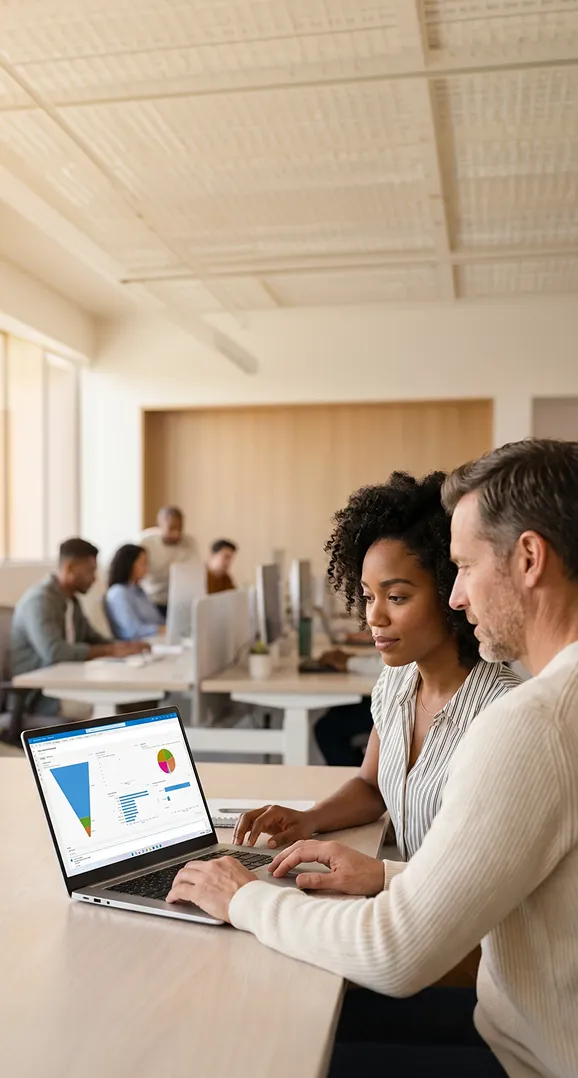 Sales team reviewing customer relationship management pipeline data on laptops in a modern open office Sales team reviewing customer relationship management pipeline data on laptops in a modern open office