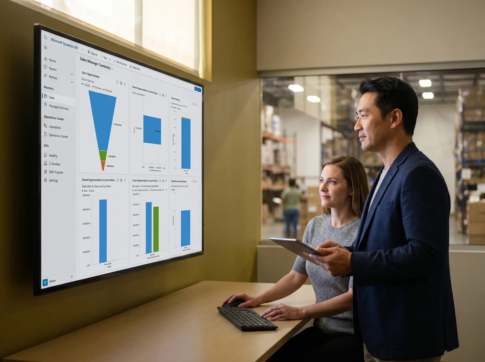 Distribution sales team reviewing unified customer relationship management pipeline data on a shared screen Distribution sales team reviewing unified customer relationship management pipeline data on a shared screen