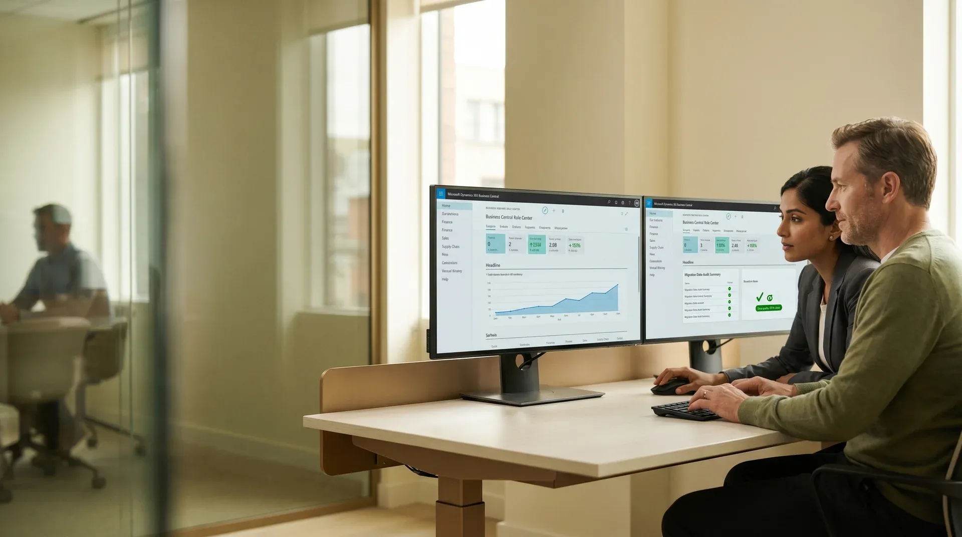 NAV migration consultants reviewing data audit results on dual screens in a calm office, side angle, natural light NAV migration consultants reviewing data audit results on dual screens in a calm office, side angle, natural light