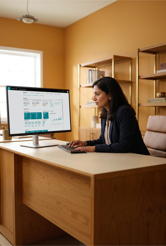 South Asian operations director reviewing Dynamics 365 Business Central dashboard South Asian operations director reviewing Dynamics 365 Business Central dashboard