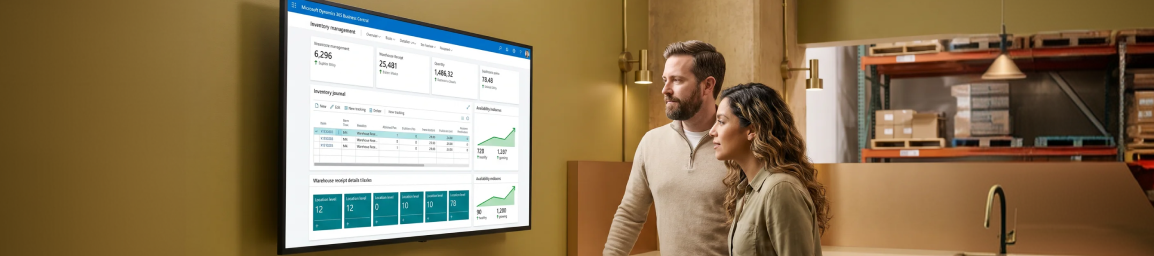 Half Price Drapes team reviewing Dynamics 365 inventory and fulfillment dashboard Half Price Drapes team reviewing Dynamics 365 inventory and fulfillment dashboard