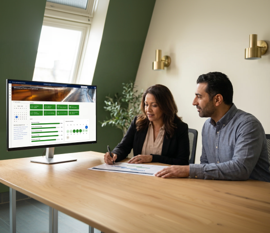 CFO and IT lead reviewing Dynamics 365 implementation roadmap on dual monitors CFO and IT lead reviewing Dynamics 365 implementation roadmap on dual monitors
