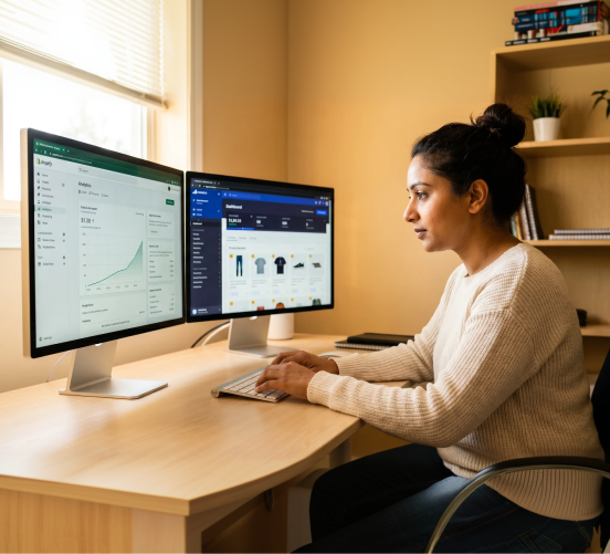 Ecommerce merchant reviewing multi-platform dashboards including Shopify Admin and BigCommerce Ecommerce merchant reviewing multi-platform dashboards including Shopify Admin and BigCommerce