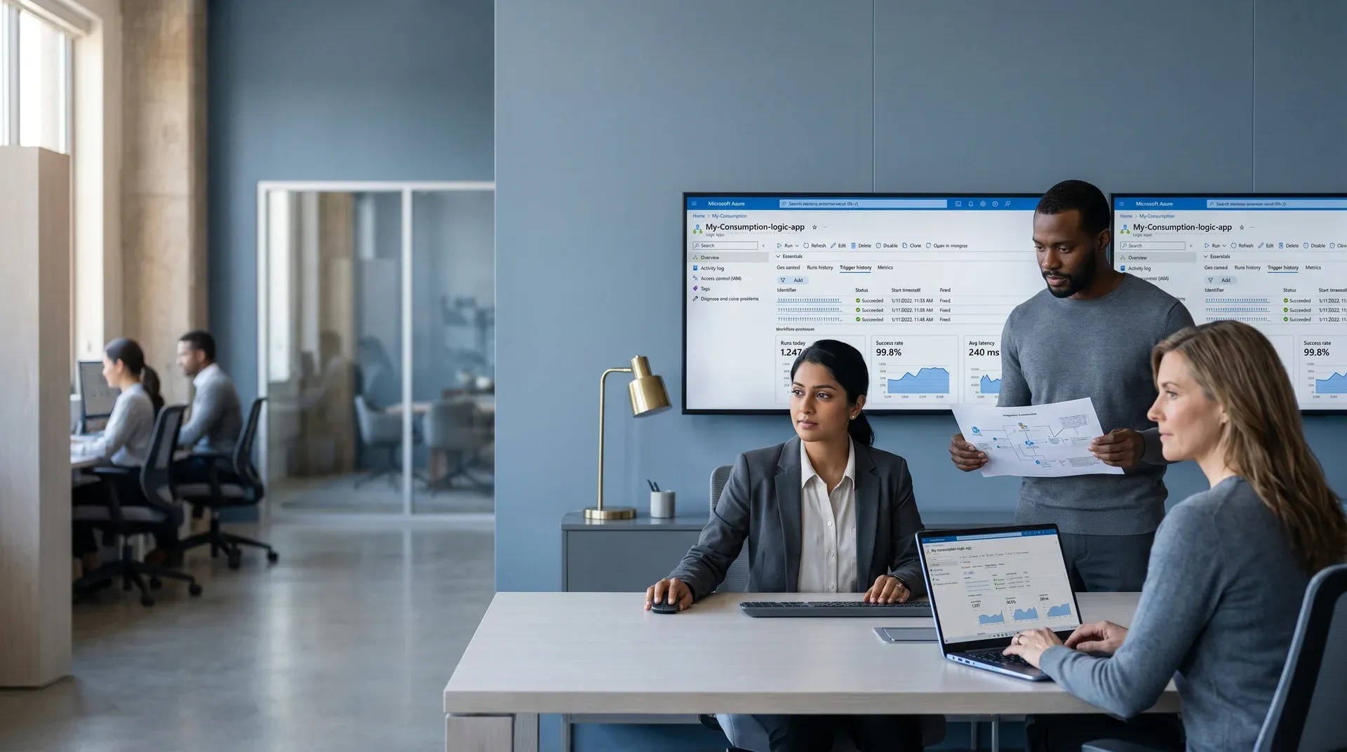 Integration operations team reviewing live system sync dashboards at a monitoring station, three team members visible from the side Integration operations team reviewing live system sync dashboards at a monitoring station, three team members visible from the side