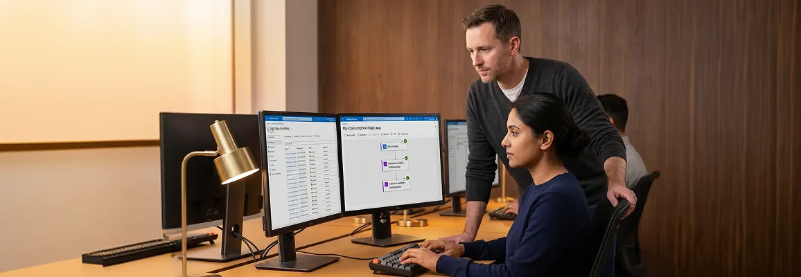 Operations team reviewing application integration dashboards in a modern office Operations team reviewing application integration dashboards in a modern office