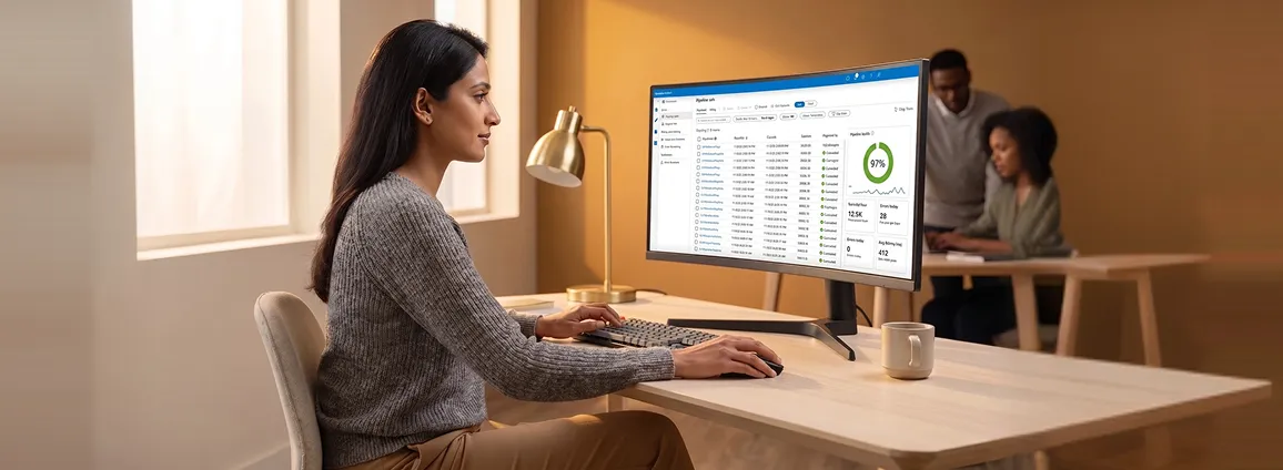 Data analyst reviewing unified data integration dashboard showing real-time sync across ERP, CRM, and ecommerce systems Data analyst reviewing unified data integration dashboard showing real-time sync across ERP, CRM, and ecommerce systems