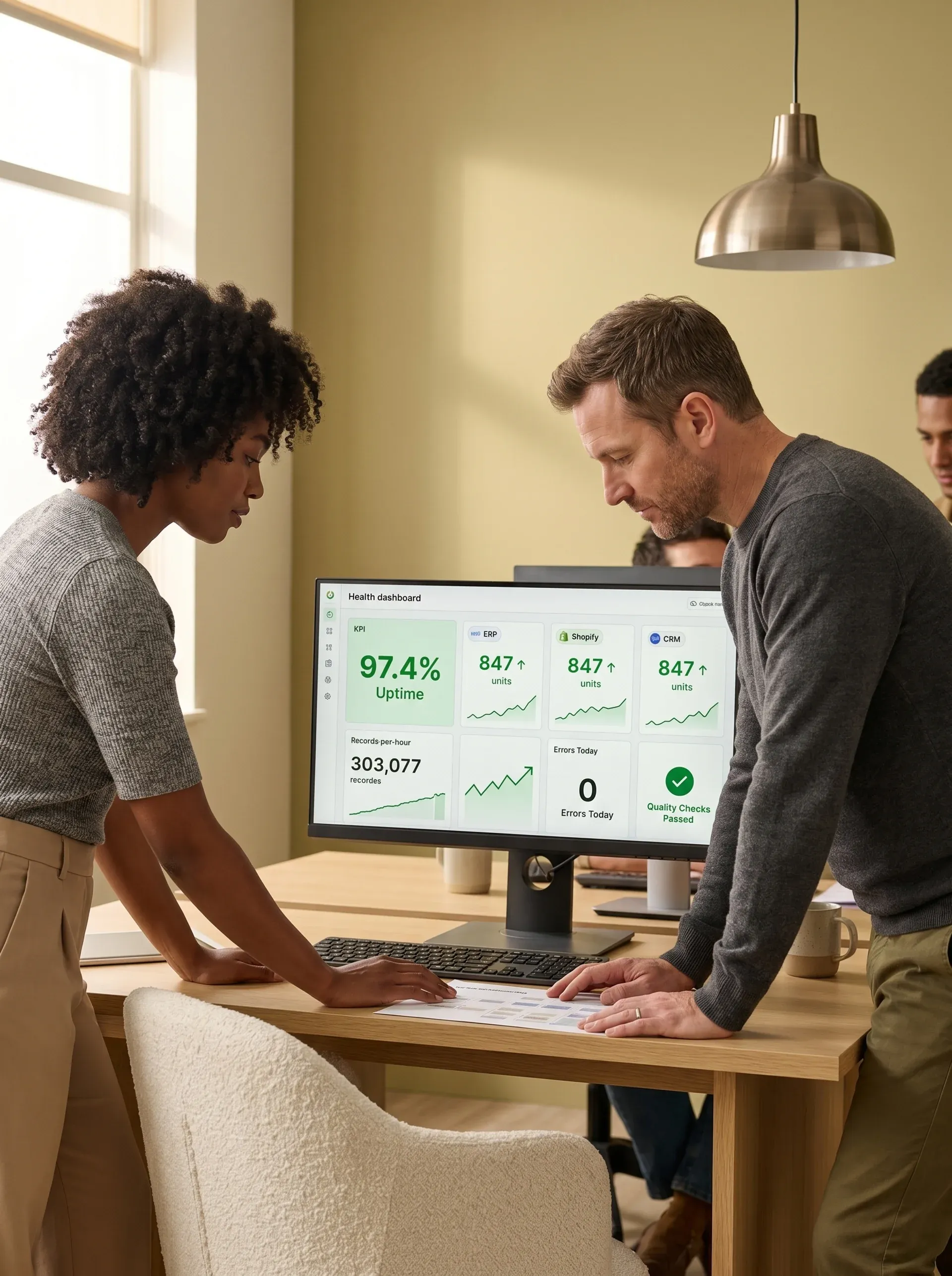 Operations team at desks surrounded by multiple screens showing inconsistent data and printed spreadsheets Operations team at desks surrounded by multiple screens showing inconsistent data and printed spreadsheets