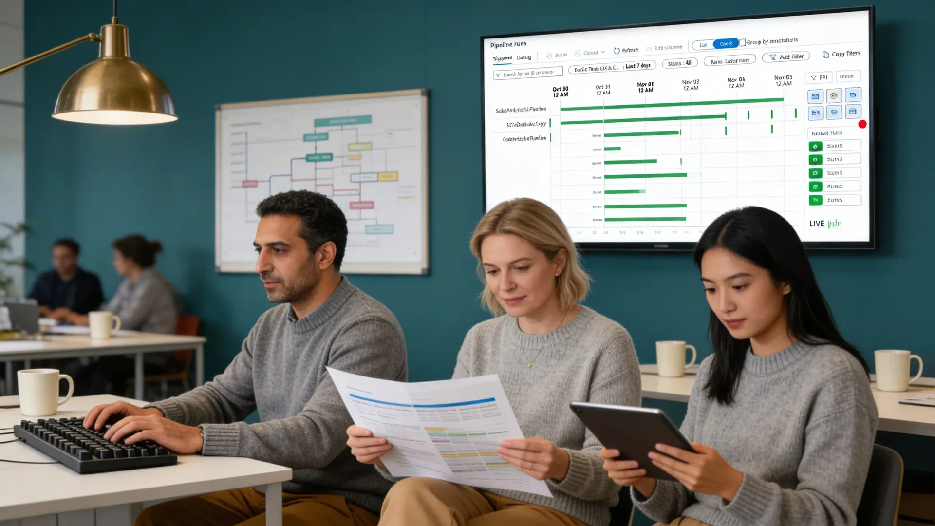 Data integration team at workstations reviewing live pipeline dashboards after successful data integration go-live Data integration team at workstations reviewing live pipeline dashboards after successful data integration go-live