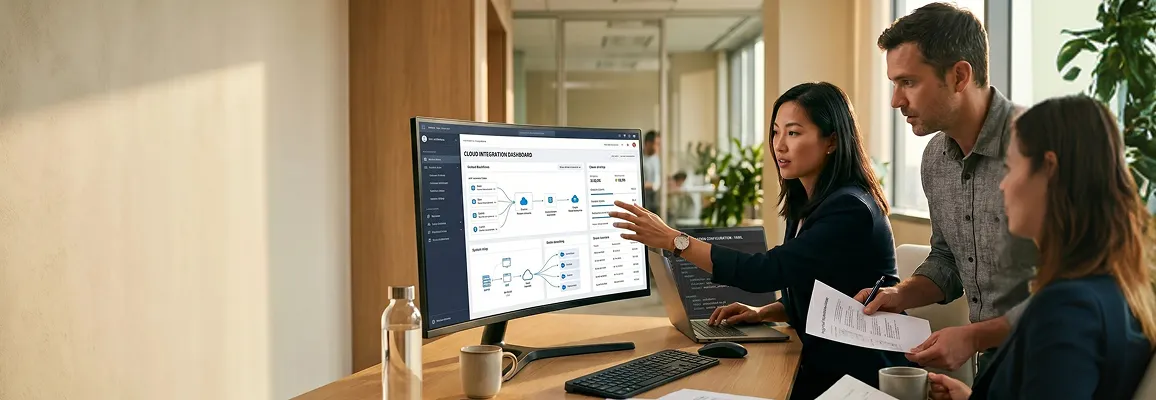 Cloud integration operations team reviewing real-time sync dashboards across multiple SaaS platforms Cloud integration operations team reviewing real-time sync dashboards across multiple SaaS platforms