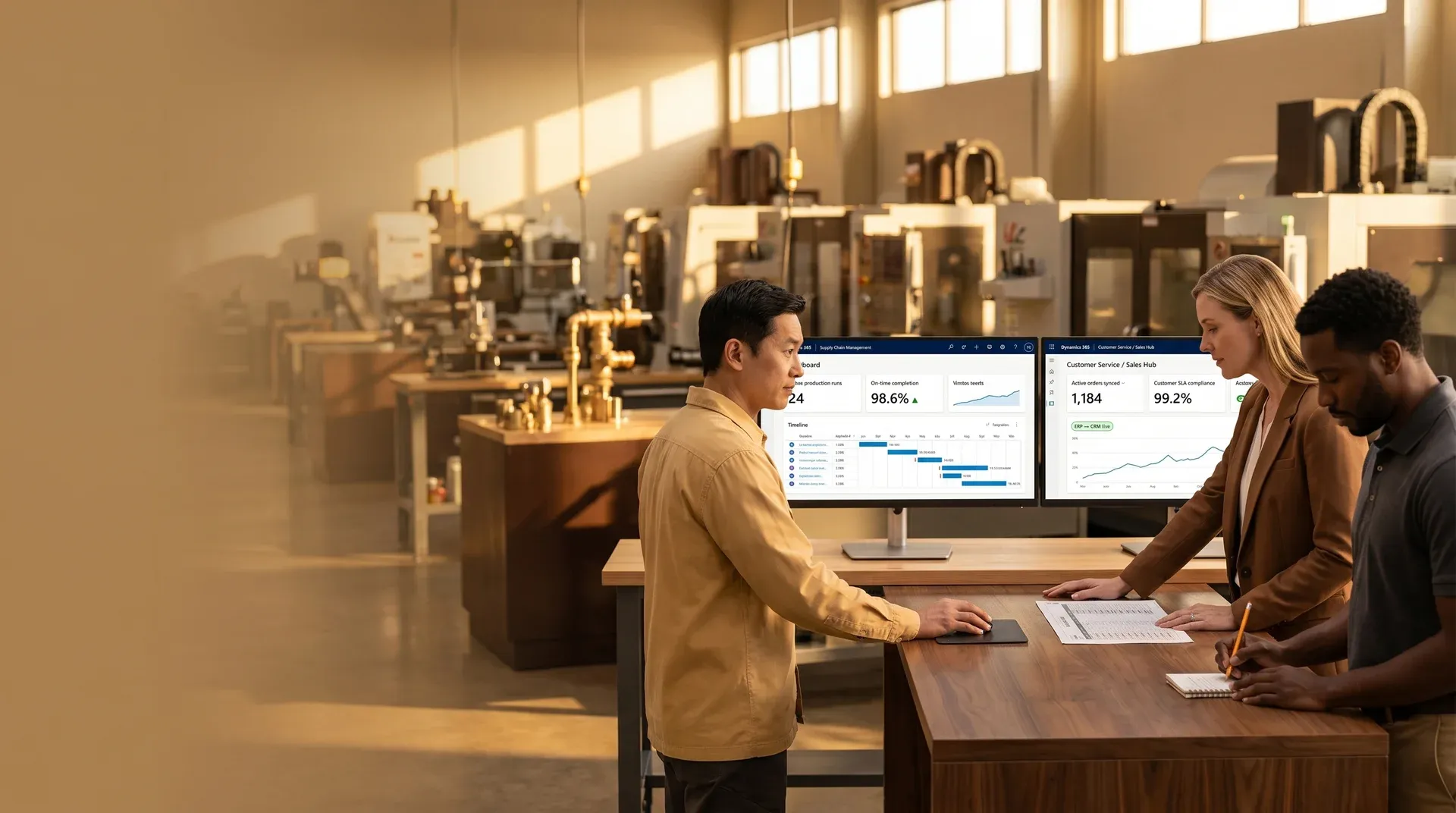 Pima Controls manufacturing floor team reviewing live ERP and customer relationship management production data on integrated screens Pima Controls manufacturing floor team reviewing live ERP and customer relationship management production data on integrated screens