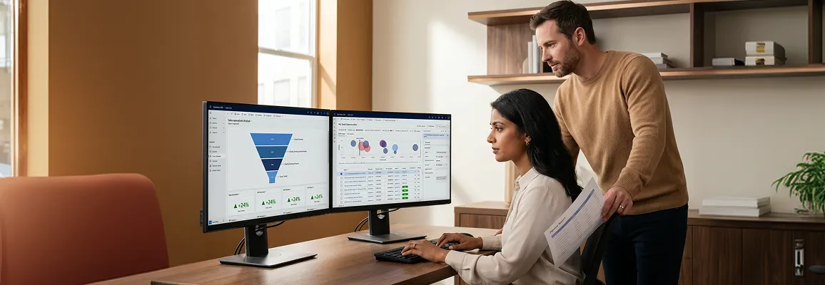 Sales operations team reviewing CRM pipeline integration dashboards in a bright modern office Sales operations team reviewing CRM pipeline integration dashboards in a bright modern office
