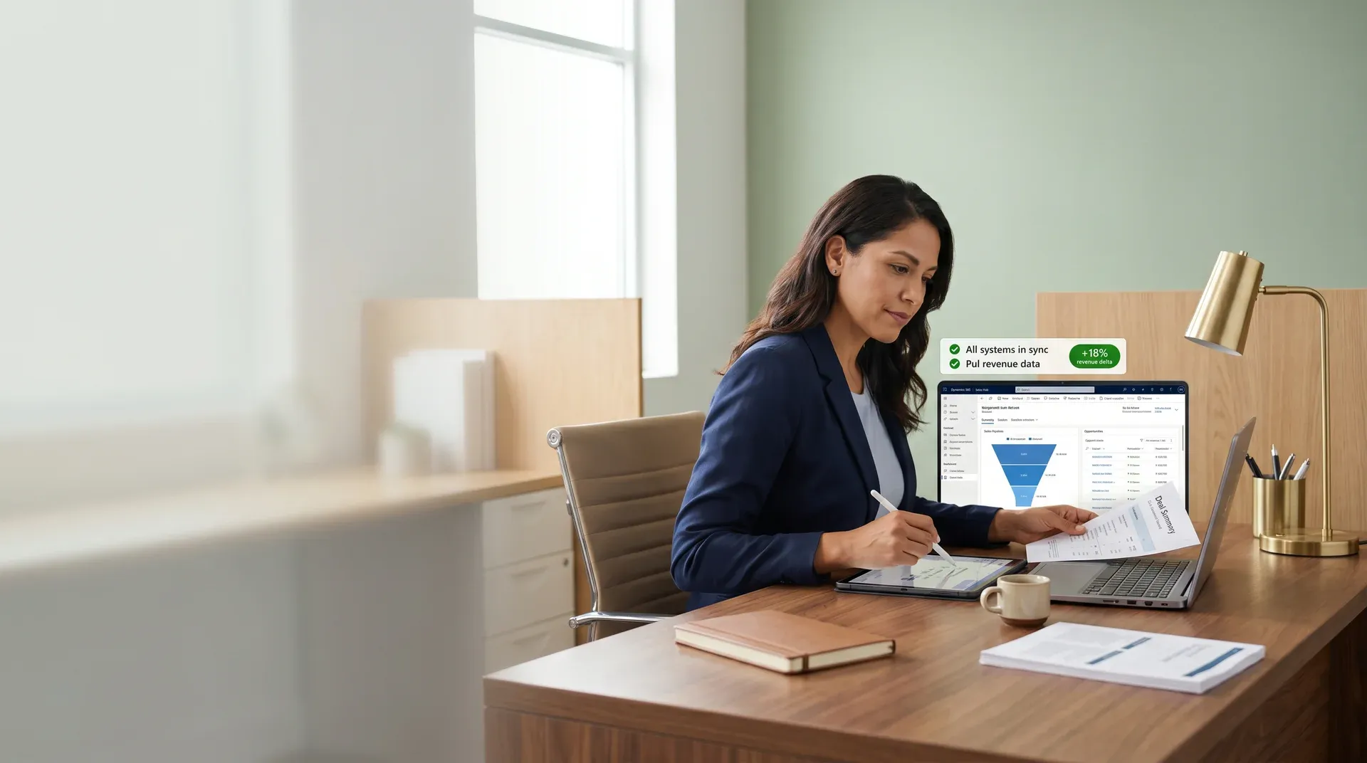 Sales representative surrounded by sticky notes and multiple disconnected application screens Sales representative surrounded by sticky notes and multiple disconnected application screens