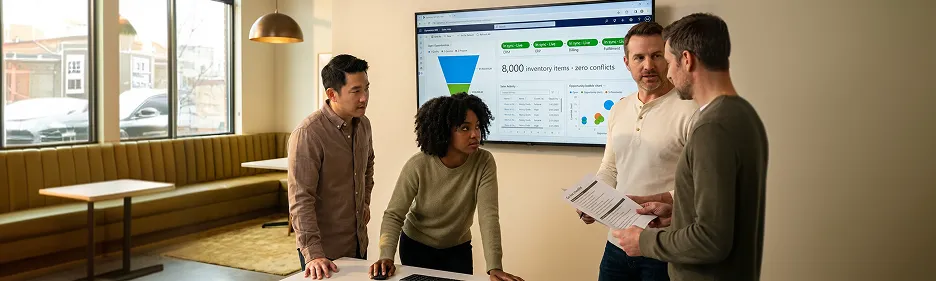 Integration team reviewing CRM go-live status board with green sync indicators Integration team reviewing CRM go-live status board with green sync indicators