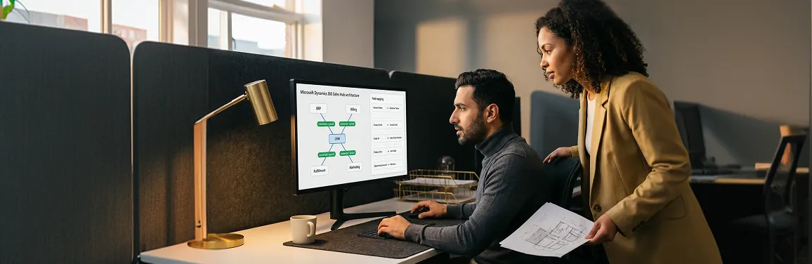 Integration architects reviewing CRM system connection diagram on screen